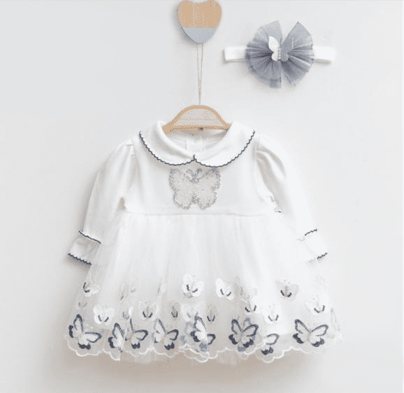Miniborn. Платье с бабочками с повязкой на голову, белое