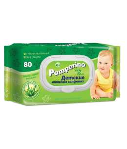 PAMPERINO. Cалфетки влажные детские 0+ без отдушки с пластиковым клапаном, 80шт.